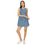 Kadın Önden Düğmeli Eteği Volanlı Denim Elbise Blue Mavi 34