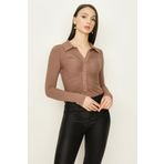 Kadın Önü Büzgü Detaylı Fitilli Alttan Çıtçıtlı Body Brown Kahverengi XL