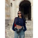 Kadın Önü Düğmeli Örme Crop Triko Kazak - Lacivert