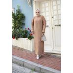 Kadın Örgülü Triko Tesettür Elbise - Sütlü Kahve - Standart