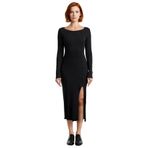 Kadın Örme Bodycon Elbise Midi Boy Kayık Yaka Uzun Kollu Yırtmaç Detaylı Günlük Şık Kombinler İçin-Siyah-XS