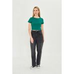 Kadın Örme Ribana Crop T-Shirt - Yeşil - XS