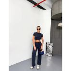 Kadın Osy Modal Yumuşak Dokulu Kumaş Kısa Kollu Crop Alt Ispanyol Paça Pantolon Ikili Takım - Füme
