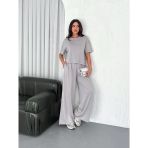 Kadın Osy Modal Yumuşak Kumaş Bisiklet Yaka T-Shirt Bol Paça Pantolon İkili Takım - Boyalı Gri
