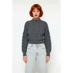 Kadın Oversize Balon Kol Dik Yaka Saç Örgü Crop Akrilik Triko Kazak Kış Modasına Uyumlu Kaliteli -Antrasit-M
