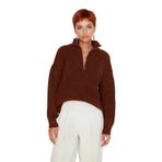 Kadın Oversize Basic Dokulu Uzun Kollu Fermuarlı Dik Yaka Selanik Örgü Triko Kazak Kaliteli -Kahverengi-M
