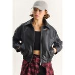 Kadın Oversize Belli Lastikli Suni Deri Bomber Ceket - Siyah - 40