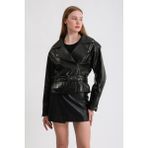 Kadın Oversize Biker Deri Ceket - Siyah - XL