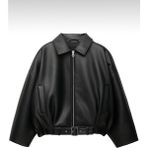Kadın Oversize Bomber Suni Deri Ceket | Yeni Sezon Kemerli Biker Ceket - Siyah - XL