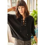 Kadın Oversize Kuş Gözü Bağcık Detaylı Siyah Bluz
