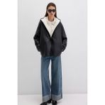 Kadın Oversize Siyah Suni Deri Ceket - L