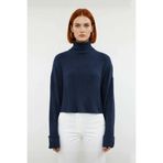 Kadın Oversize Super Crop Balıkçı Yaka Kışlık Triko Kazak Uzun Kollu Rahat Ve Şık Stil Kaliteli -Indigo-L