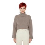 Kadın Oversize Super Crop Balıkçı Yaka Kışlık Triko Kazak Uzun Kollu Rahat Ve Şık Stil Kaliteli -Kahverengi-M