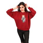 Kadın Oversize Sweatshirt, Bisiklet Yaka, Ayı Baskılı (Bordo, L)