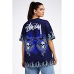 Kadın Oversize Tişört Dragon Kuru Kafa Baskılı Bisiklet Yaka T-Shirt - Lacivert