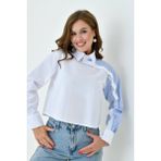 Kadın Özel Tasarım Yaka Kol Düğmeli Çizgi Garnili Crop Boy Bluz Gömlek - XL - Beyaz