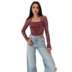 Kadın Paisley Desenli Kare Yaka Bluz – Rust Bloom, bordo, m