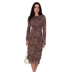 Kadın Paisley Desenli Midi Elbise – Burgundy Veil, kahverengi, s