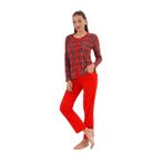 Kadın Pamuk Modal Ekose Önden Düğmeli Kırmızı Pijama Takımı 7013