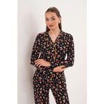 Kadın Pamuk Modal Gömlek Yaka Önden Düğmeli Siyah Pijama Takımı 7010