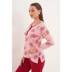 Kadın Pamuk Palmiye Desenli Patlı Bordo Pijama Takımı 7025
