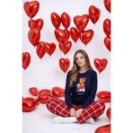 Kadın Pamuklu Ayıcık Baskılı Ekose Desenli Pijama Takımı Kırmızı- Lacivert