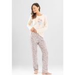 Kadın Pamuklu Bisiklet Yaka Çiçek Baskılı Uzun Kollu Pijama Takımı 9924 Krem - XL