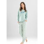 Kadın Pamuklu Bisiklet Yaka Yaprak Baskılı Uzun Kollu Pijama Takımı 9923 Su Yeşili - XL