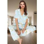 Kadın Pamuklu Çiçek Desenli Pijama Takımı Rahat Kalıp Uzun Paça Modern Stil Kaliteli İşçilik