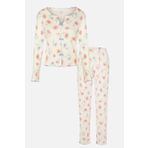 Kadın Pamuklu Çıtır Çiçek Desenli Baby Overloklu Fiyonk Detaylı Uzun Kollu Pijama Takımı KO70142-1 XL