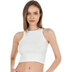 Kadın Pamuklu Fitilli Vücuda Oturan Halter Yaka Esnek Örme Crop Atlet - Ekru