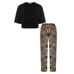 Kadın Pamuklu Siyah Oversize Tişört Alt Leopar Desenli Pijama Takımı L Siyah - Kahverengi