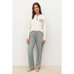 Kadın Papatya Desenli Pijama Takımı Ekru