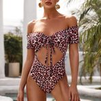 Kadın par Baskı Tek Parça Mayo Kapalı Omuz Yüksek Bel Yastıklı Bodysuit Bikini Plaj Havuz Mayo Oymak Kahve M
