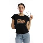 Kadın Pars Desen Baskılı Crop Tişört Siyah