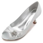 Kadın Peep Toe İnci Düğün Ayakkabıları Gelin Saten Topuklu Parti Elbise Ayakkabıları, gümüş, 5.5 UK