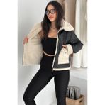 Kadın Peluş Astarlı Deri Ceket – Cepleri Peluş Detaylı & Kontrast Yakalı - Siyah - Slim Fit