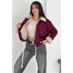 Kadın Peluş Detaylı Fermuarlı Mont – Sıcak & Şehirli Stil - Bordo
