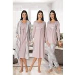 Kadın Pembe Kareli Uzun Kollu Sabahlıklı Gecelik Pijama Takımı 4'lü Set, 2XL, Effortt8086-19804IGP27168158