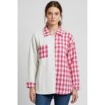 Kadın Pembe Oversize Fit Ekoseli Desenli Uzun Kollu %100 Pamuk Gömlek, Ceket, Kadın Oduncu Gömlek