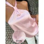 Kadın Pembe Saten Boyundan Bağlamalı Halter Yaka Bluz