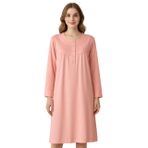Kadın Pembe Uzun Kollu Gecelik, Dokuma Kumaş, Uzun Boy, Ev Giyim, U Yaka, Düz Desen, Regular Kalıp (Pembe, 2XL)