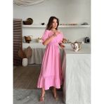 Kadın Pembe V Yaka Beli Lastikli Büzgülü Müslin Kumaş Elbise