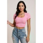 Kadın Pembe Yarım Kol Düz Yaka Crop Top Bluz – Şık, Rahat Ve Kolay Kombinlenebilir