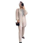Kadın Pileli Saten Gömlekli İkili Alt Üst Takım,Tesettür Giyim - Bej Asel-F3103 / L/XL