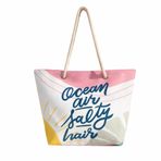 Kadın Plaj Çantası Fermuarlı İçi Astarlı Cepli Kanvas Kumaş Özel Baskılı Halat Saplı 32 Litre (Ekru Desenli, 32 Litre)