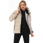 Kadın Polarlı Kapüşonlu Su Geçirmez Rüzgara Dayanıklı Şişme Kışlık Mont & Kaban & Parka - Taş - XL