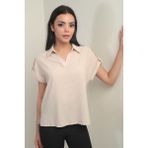 Kadın Polo Yaka Apoletli Gömlek - Bej - 2XL