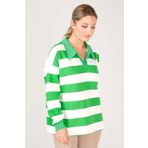 Kadın Polo Yaka Çizgili Sweatshirt Yeşil