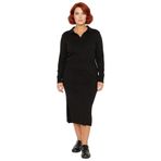 Kadın Polo Yaka Fitilli Bodycon Triko Midi Elbise Uzun Kollu Kış Günlük Şık Akrilik Tasarım-Siyah-4XL